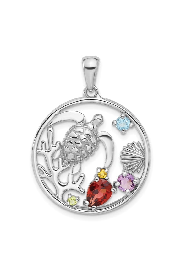 Sterling Silver Sea Turtle Pendant Necklace with Birthstone Gemstones, Coral and Seashell Accents, Ocean Nautical Jewelry for Women and Beach Nature Lovers