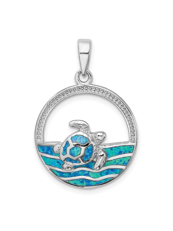 Sterling Silver Sea Turtle Pendant Necklace for Women with Blue Opal Inlays, Ocean Wave Design, Nautical Coastal Jewelry for Beach Lovers and Marine Life Enthusiasts