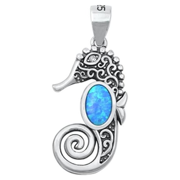 Sterling Silver Seahorse Blue Simulated Opal Pendant Charm 925 New Jewelry Female Unisex