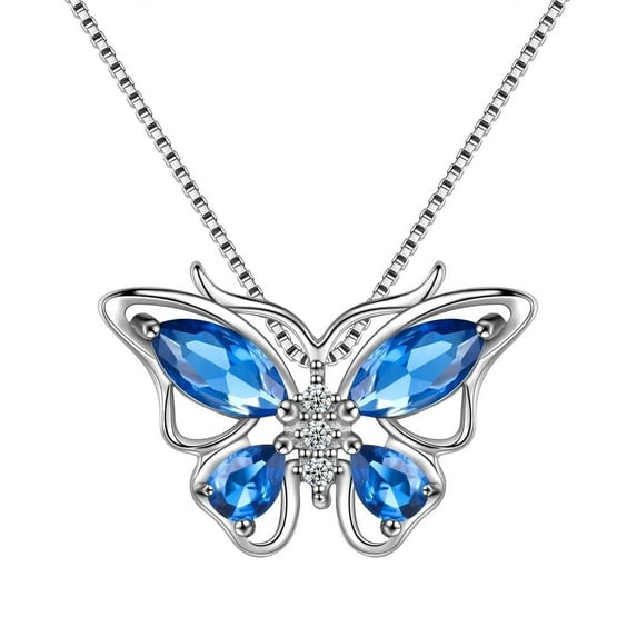 Juwaliy September Birthstone Necklace Sapphire Blue Butterfly Necklaces 925 Sterling Silver Pendant Jewelry Christmas Mother's Day Gift for Women Wife