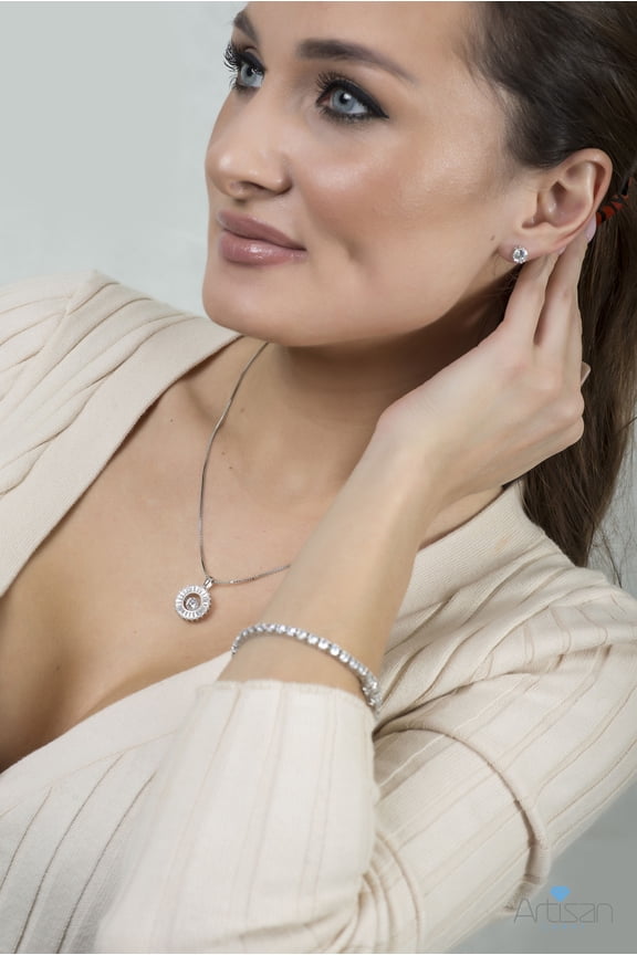 Sterling Silver Set "Dancing Diamond" CZ Pendant with Necklace Medium Stud Earrings and Matching Tennis Bracelet