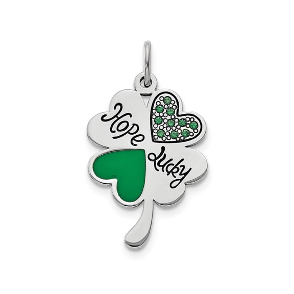 925 Sterling Silver Shamrock Clover Pendant Charm with Green Enamel and Cubic Zirconia