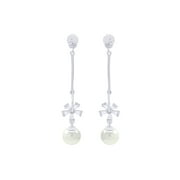 AFFY Pearl & Cubic Zirconia Flower Dangle Drop Stud Earrings for Women 14K White Gold over Silver