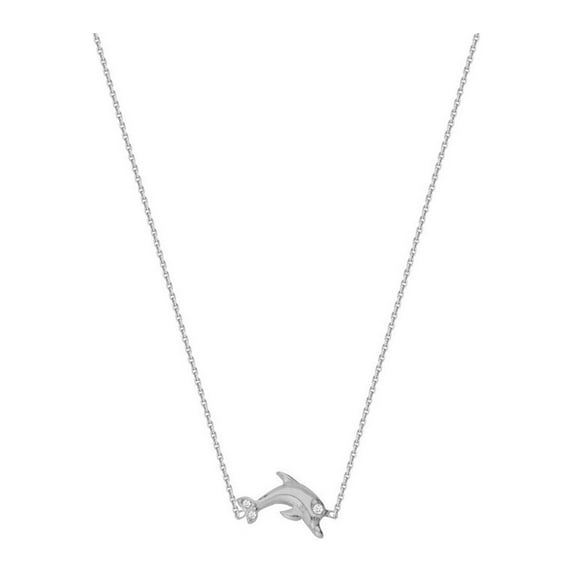 Sterling Silver Side-ways Adjustable Mini Cubic Zirconia Dolphin Necklace- 18 Inch