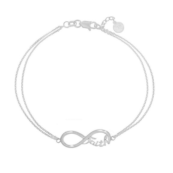 Sterling Silver Side-ways Infinity Faith Adjustable Bracelet Sparkle-Cut Cable Chain - 7.50 Inch