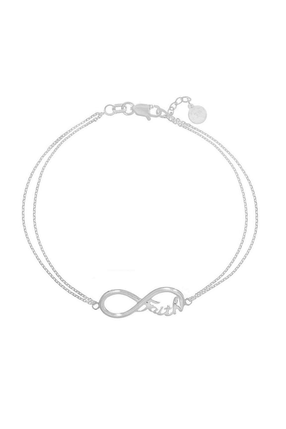 Sterling Silver Side-ways Infinity Faith Adjustable Bracelet Sparkle-Cut Cable Chain - 7.50 Inch