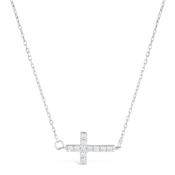 Sterling Silver Sideway Cross Pendant Necklace Cubic Zirconium 18" Chain
