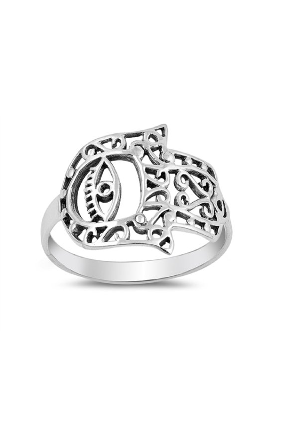 Sterling Silver Sideway Hamsa With Eval Eye Ring