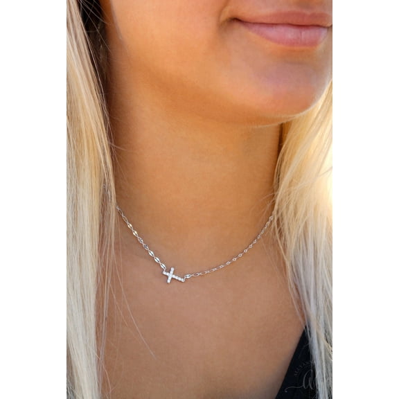 Sterling Silver Sideways  CZ Cross Necklace