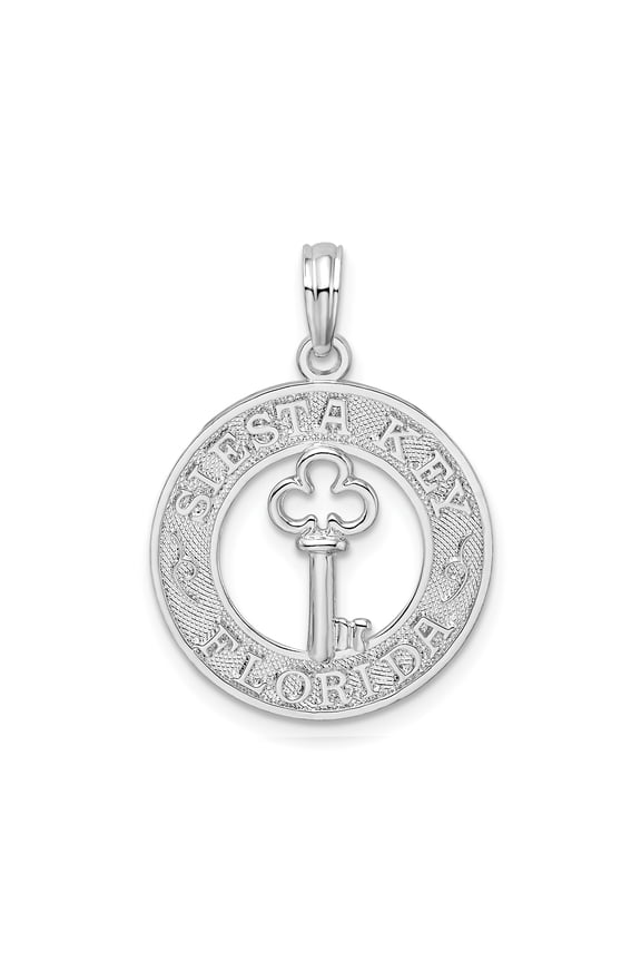 Sterling Silver Siesta Key Florida Pendant Necklace with Cut-Out Key Design, Unisex Travel Souvenir Jewelry for Women and Men, Circular Beach Memory Charm Keepsake