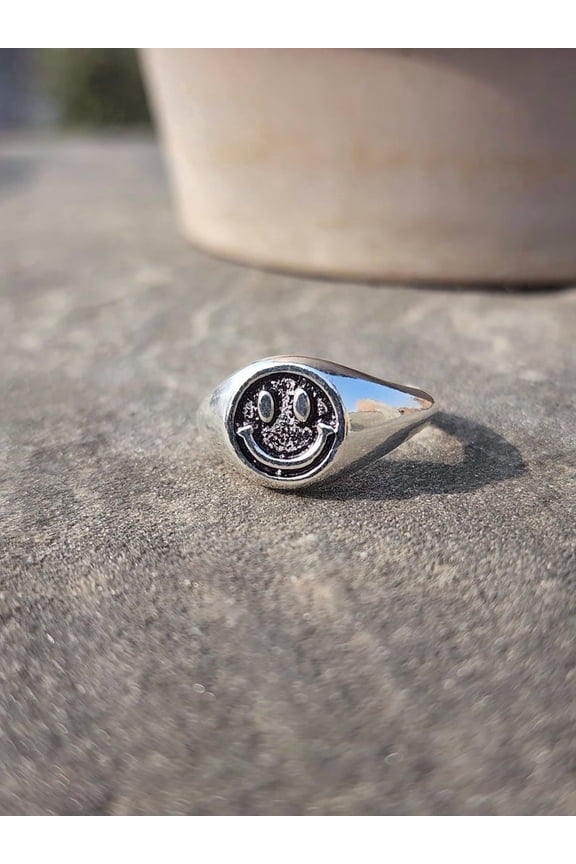 Sterling Silver Signet Ring Minimalist Silver Band with Oxidized Detail & Happy Face Design