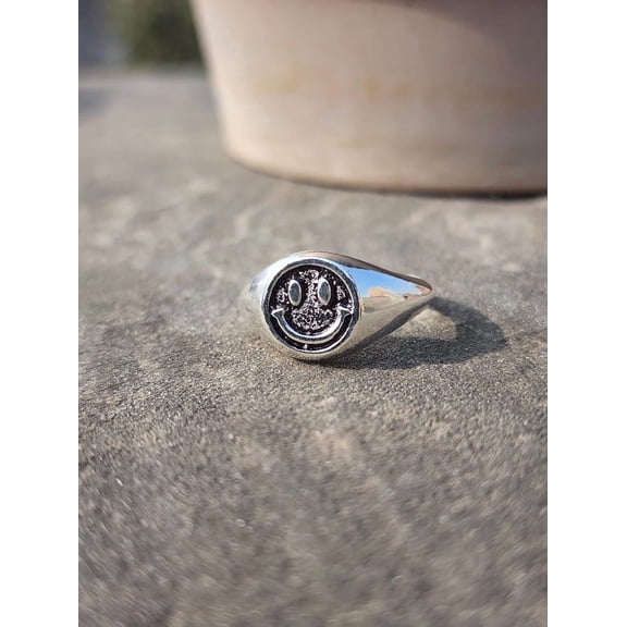 Sterling Silver Signet Ring Minimalist Silver Band with Oxidized Detail & Happy Face Design
