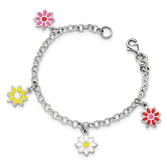 Sterling Silver Silver Enamel Flowers Bracelet - 5.0 Grams - 6 Inch - Measures 14mm Wide