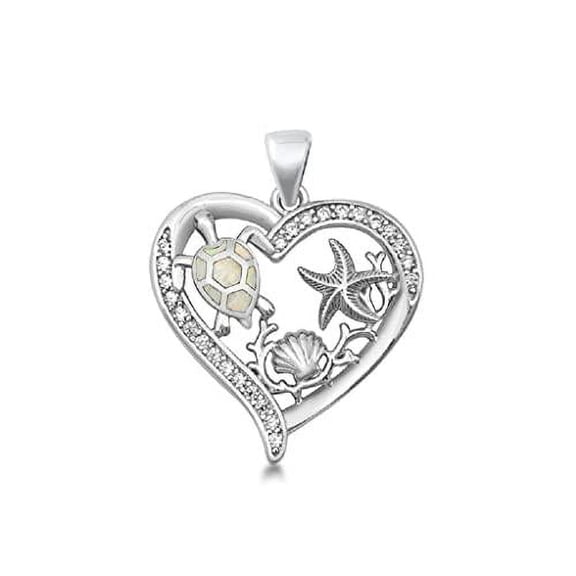 Sterling Silver Silver Lab Opal Pendant - Heart Starfish Salt Sea Life Turtle Shell Star Fish