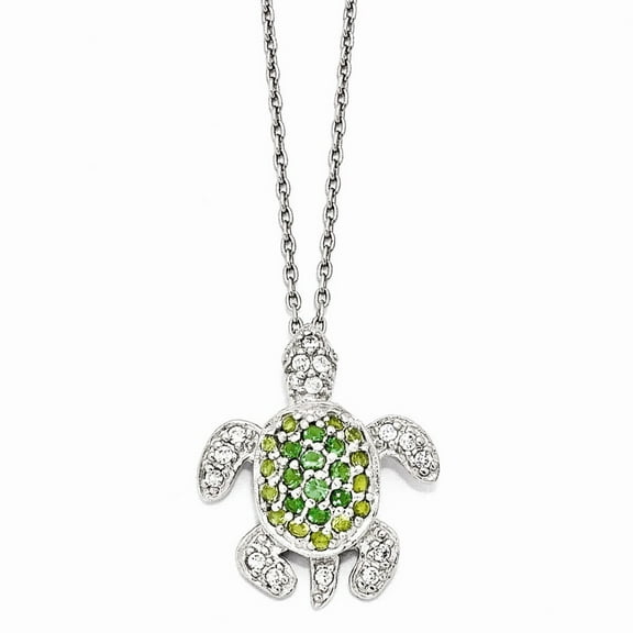 Sterling Silver Sim. Peridot Sim. Emerald Cubic Zirconia Turtle Necklace - 18 Inch - Measures 18mm Wide