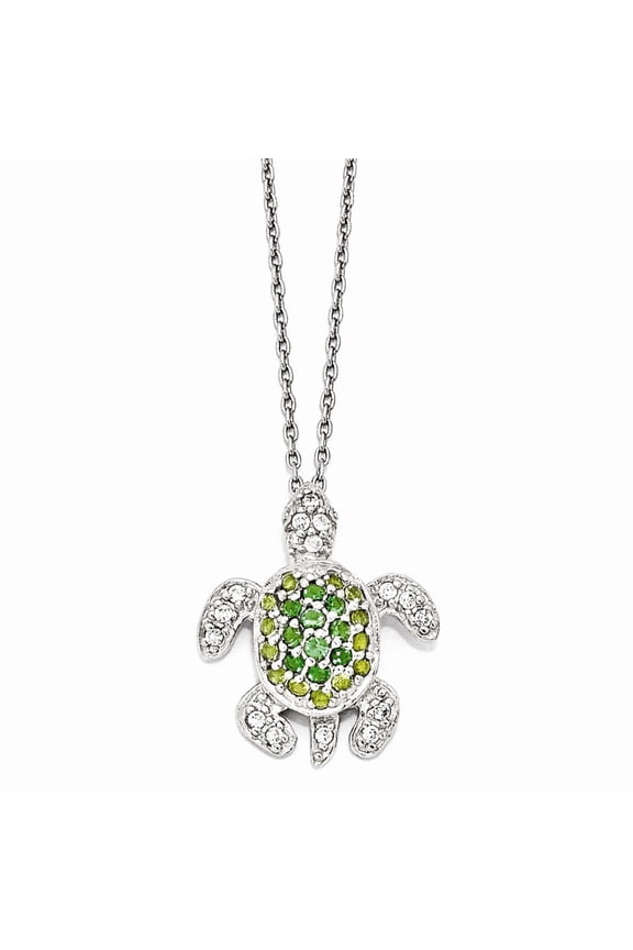 Sterling Silver Sim. Peridot Sim. Emerald Cubic Zirconia Turtle Necklace - 18 Inch - Measures 18mm Wide