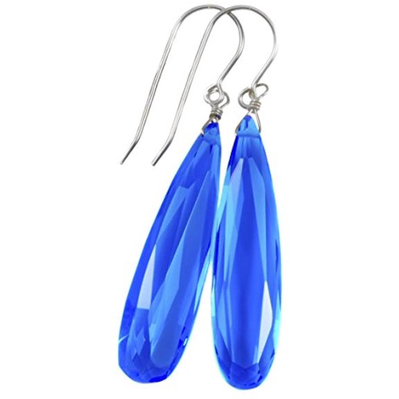 Sterling Silver Simulated Apatite Earrings Neon Blue Long Narrow Faceted Teardrops Simple Drops 2 Inch Designed for Adult Women