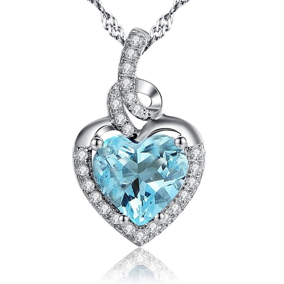 Sterling Silver Simulated Aquamarine Heart Pendant Necklace, 18" Gifts for Women