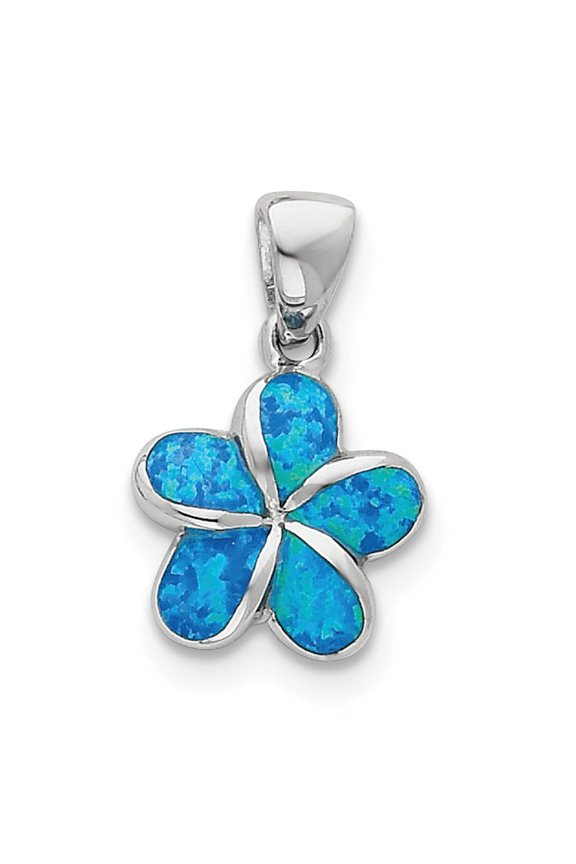 Sterling Silver Simulated Blue Inlay Simulated Opal Flower Pendant - Measures 24.5x15mm Wide