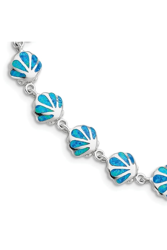 Sterling Silver Simulated Blue Simulated Opal Inlay Shell Bracelet - 7 Inch - Measures 10mm Wide