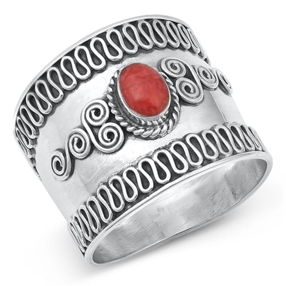 Sterling Silver Simulated Coral Bali Chunk Ring .925 Cocktail Band Red CZ Jewelry Female Size 9