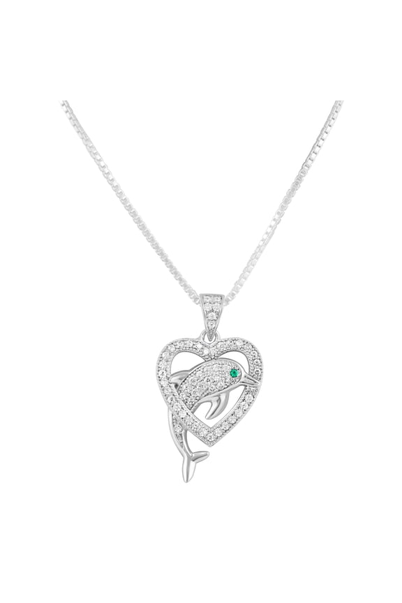 Sterling Silver Simulated Diamond Dolphin Heart Necklace for Women and Teens 18"