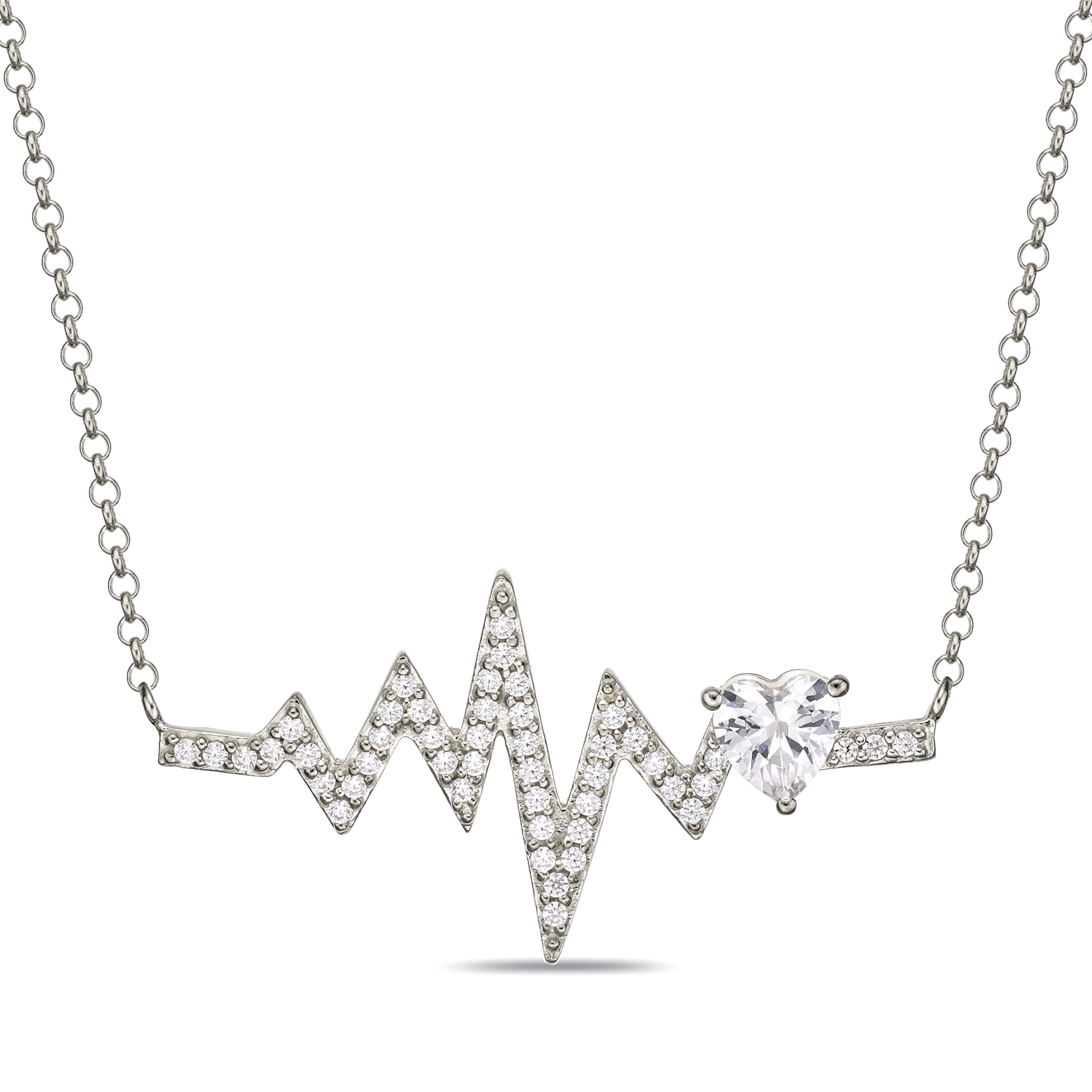 Sterling Silver Simulated Diamond Heartbeat Necklace, 18"