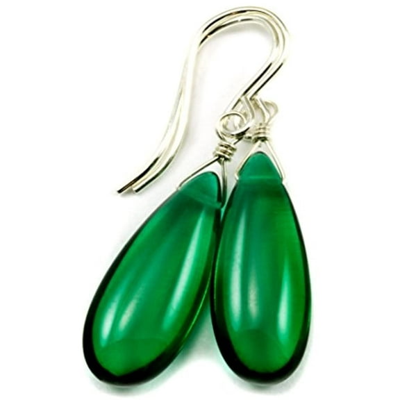 Sterling Silver Simulated Emerald Earrings Green Smooth Long Teardrops Briolettes Designed for Adult Women
