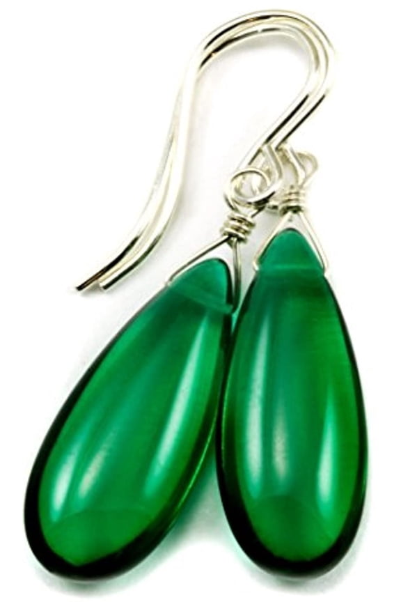 Sterling Silver Simulated Emerald Earrings Green Smooth Long Teardrops Briolettes Designed for Adult Women