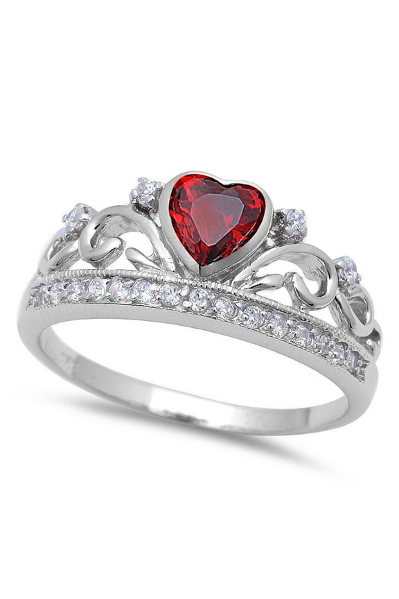 Sterling Silver Simulated Garnet CZ Heart Filigree Crown Ring Size 4