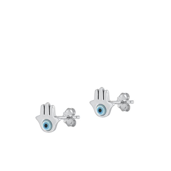 Sterling Silver Simulated Mother of Pearl Hamsa Evil Eye Stud Earrings .925 New Jewelry Female