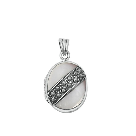 Sterling Silver Simulated Mother of Pearl Pendant Oxidized Marcasite Charm 925 Jewelry Female Unisex