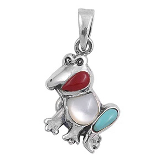Sterling Silver Simulated Mother of Pearl Simulated Turquoise Simulated Ruby Frog Pendant Animal Charm 925 Female