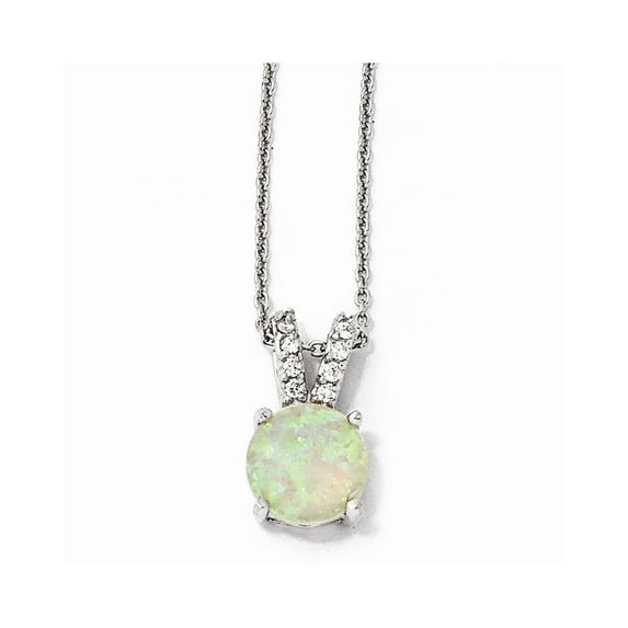 Sterling Silver Simulated Opal Cabochon and Cubic Zirconia Necklace - 18 Inch - Measures 9mm Wide
