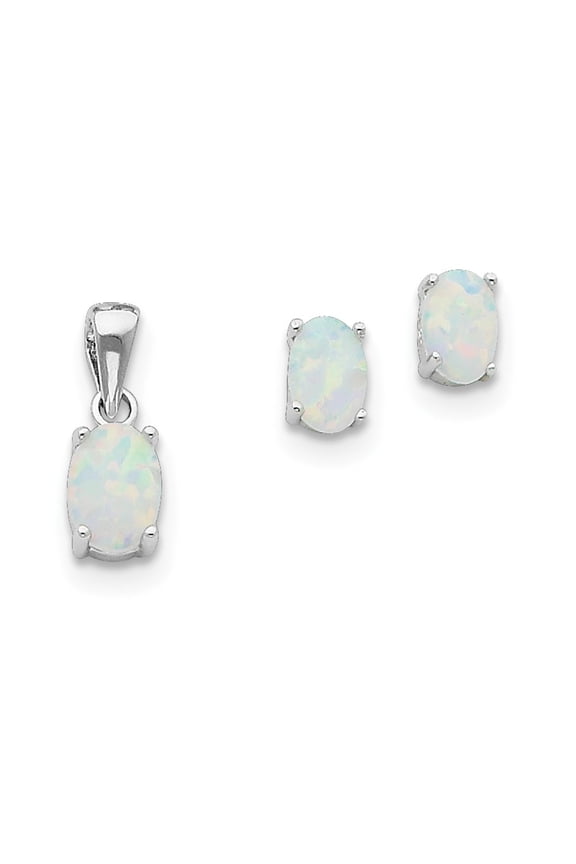 Sterling Silver Simulated Opal Pendant and Earrings Set - Measures 8x5mm Wide