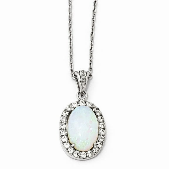 Sterling Silver Simulated Opal and Cubic Zirconia Pendant Necklace - 18 Inch - Measures 12mm Wide