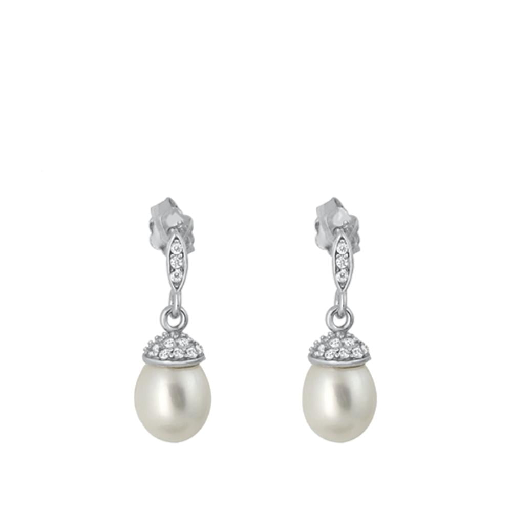 Sterling Silver Simulated Pearl Clear Cubic Zirconia Drop Dangle Earrings 925 New Jewelry Female