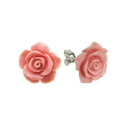 QUEENBERRY Sterling Silver Simulated Pink Coral Rose Earrings Stud Post 15mm