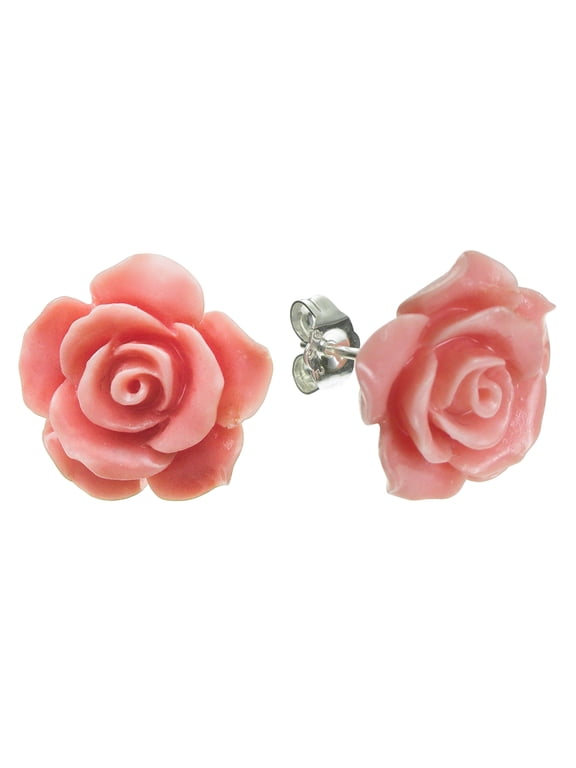 Sterling Silver Simulated Pink Coral Rose Earrings Stud Post 15mm