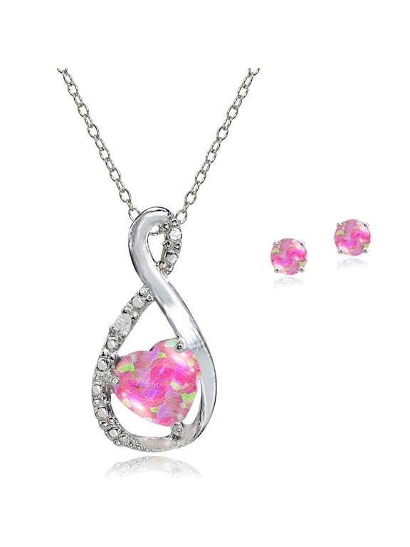 Sterling Silver Simulated Pink Opal Infinity Heart Pendant Necklace & Stud Earrings Set