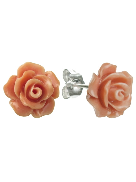Sterling Silver Simulated Pink Orange Coral Rose Earrings Stud Post 10mm