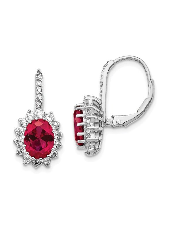 Sterling Silver Simulated Ruby and Cubic Zirconia Leverback Earrings - Measures 20x10mm Wid