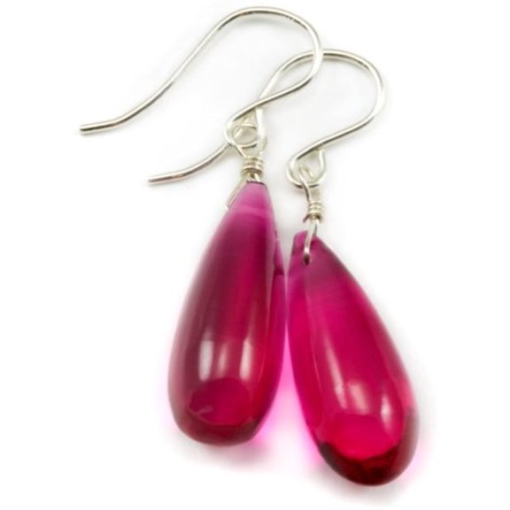 Sterling Silver Simulated Sapphire Hot Pink Earrings Long Smooth Rounded Briolette Teardrops Designed for Adult Women