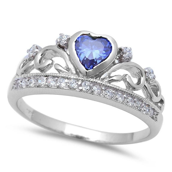 Sterling Silver Simulated Tanzanite CZ Heart Filigree Crown Ring Size 10