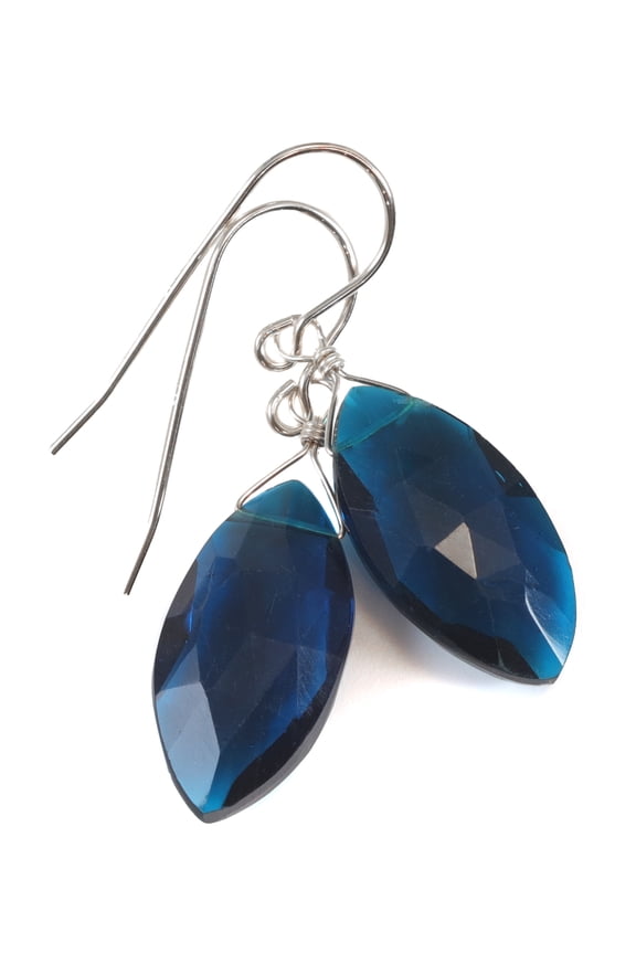 Sterling Silver Simulated Tourmaline Dark Teal Blue Earrings Long Faceted Teardrop Hot Teal