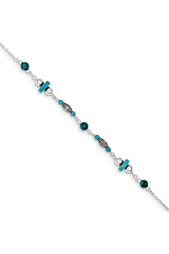 Sterling Silver Simulated Turquoise Anklet Bracelet - 9 Inch - Spring Ring - Measures 7mm Wide