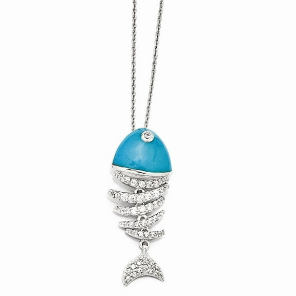 Sterling Silver Simulated Turquoise Enameled Cubic Zirconia Fish Necklace - 18 Inch - Measures 14mm Wide