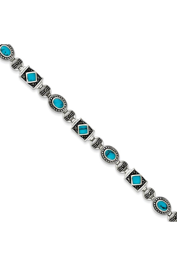 Sterling Silver Simulated Turquoise and Marcasite Bracelet - 7 Inch - Box Clasp - Measures 11.5mm Wide