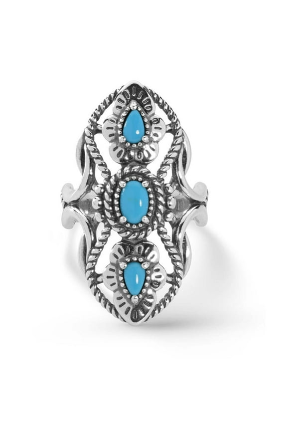 Sterling Silver Sleeping Beauty Turquoise Gemstone 3-Stone Elongated Ring Size 5 to 10