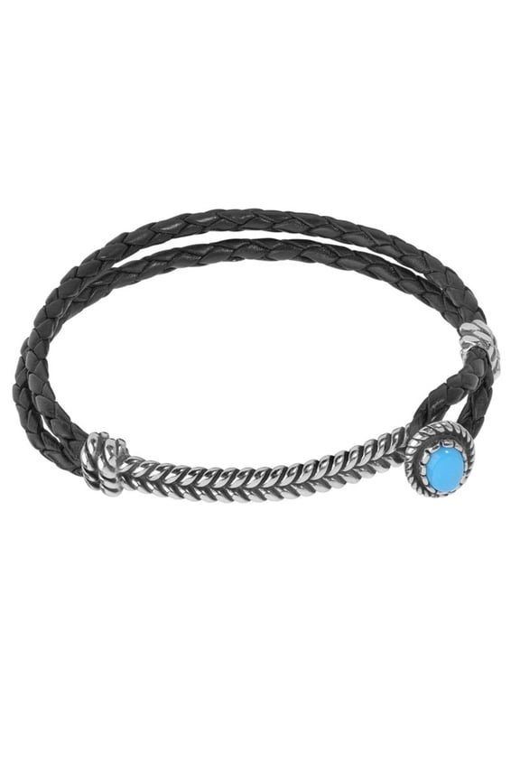 Sterling Silver Sleeping Beauty Turquoise Hook and Loop Bar Black Leather Bracelet, Sizes Small to Large